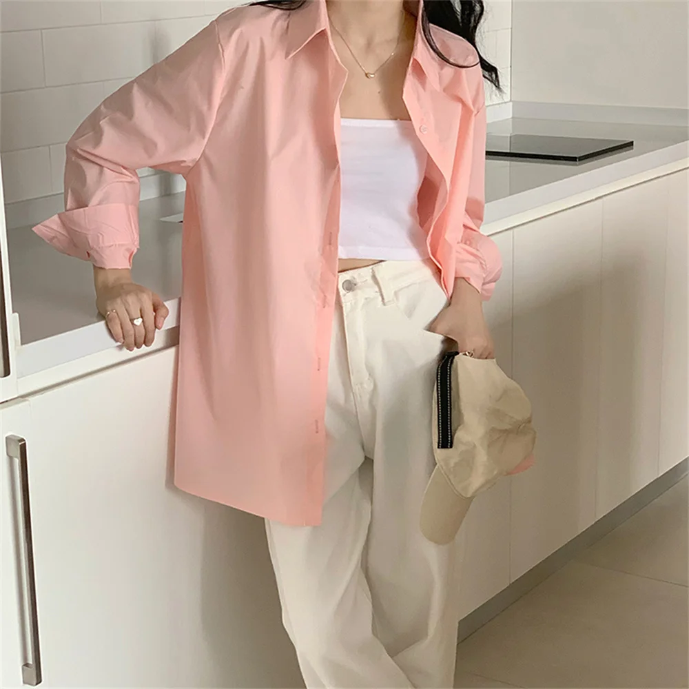 

HziriP Pink Shirts Casual Hot Pure Color Gentle Office Lady New 2021 OL Tops High Quality Lapel Loose Autumn Women Stylish Femme