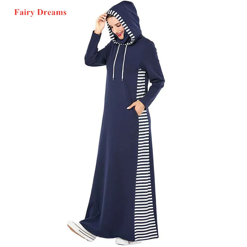 Абая для женщин в синюю полоску мусульманское платье с капюшоном Турецкая