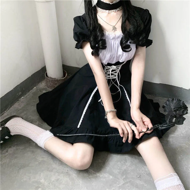 

JMPRS Cute Lolita Women Dress Fashion Black High Waist Tunic A Line Square Collar Japan Puff Sleeve Bandage Ladies Party Vestido