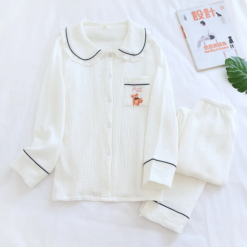 

New spring and autumn couple pajamas cotton crepe cloth long-sleeved suit men and women home service plus size sleepwear summer