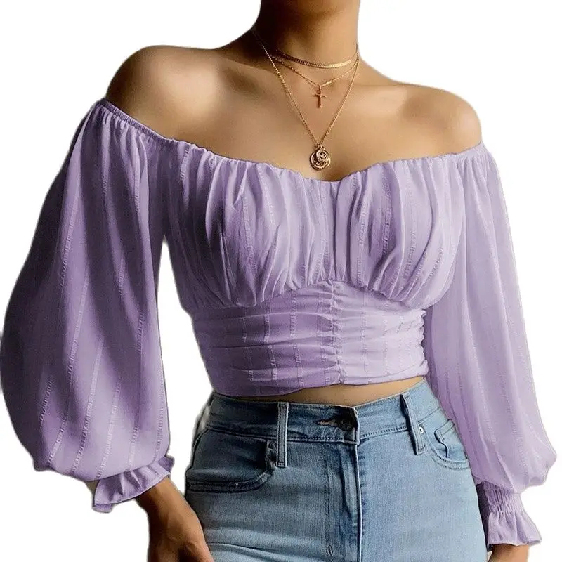 

Sexy Slash Neck Office Ladies New Blouse Elegant Lantern Sleeve Ruffle Shirt Blusa Solid Women Off-Shoulder Crop Tops Streetwear
