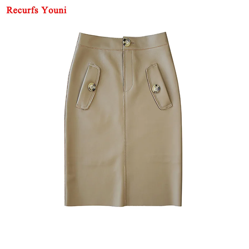Женская Облегающая Юбка миди из натуральной кожи бежевая/черная|Женские юбки| |