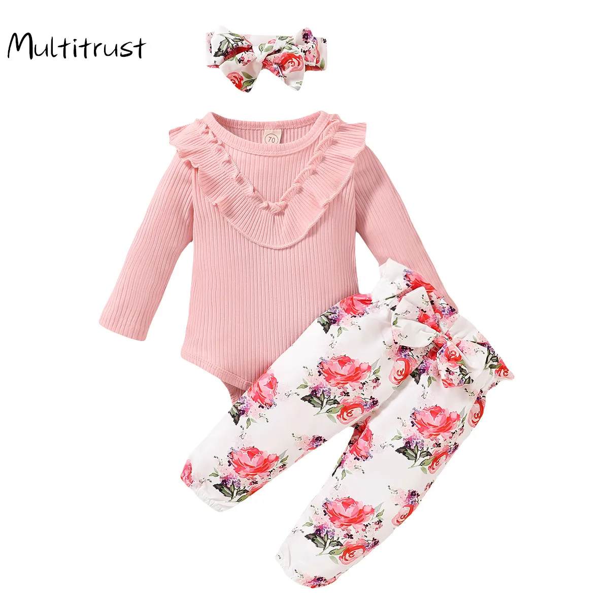 

Комплект из 3 предметов, одежда с цветочным принтом для новорожденных, однотонный боди с длинными рукавами и круглым вырезом для младенцев ...