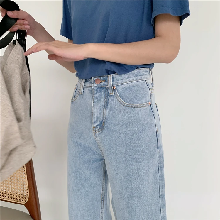 

Korean High Waist Wide Leg Cotton Denim Jeans Pants Women Solid Fashion Buttons Fly Full Length Jeans Trousers Basic Casual 2020