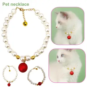 Cat Chain Necklace Elegant Pearl Pet Collar Anti-fade Kitten Dog Princess Collar Necklace w/Bell for Christmas Pet Accessories