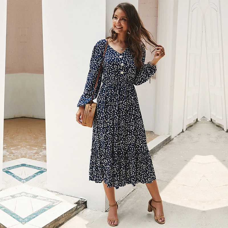 

Medium Long Print Dress Women V Neck Button Slim Lantern Sleeve High Waist Floral Dress New Casual Summer Dress Office Lady
