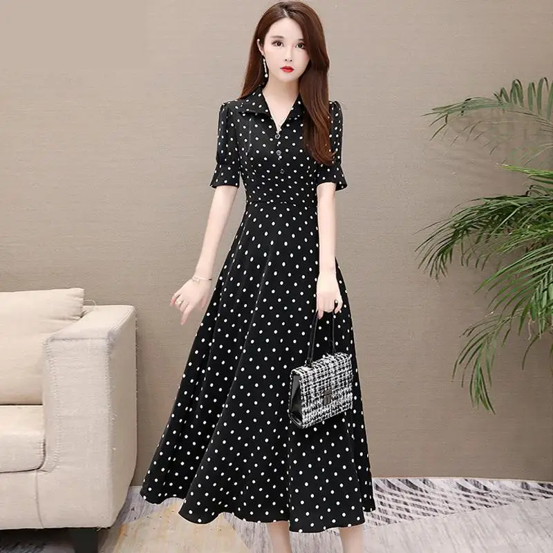 

Summer 2021ladies Elegant Robe Femme High Waist Wave Point Beach Skirt Temperament Ruffles Short Sleeve Holiday Tight Dress