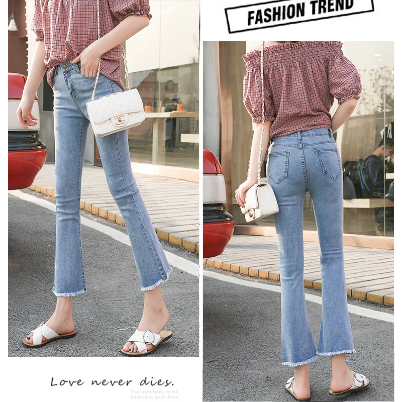 

Qiu dong season new female nine minutes of pants elastic tight jeans show thin high han edition of tall waist flares black femal