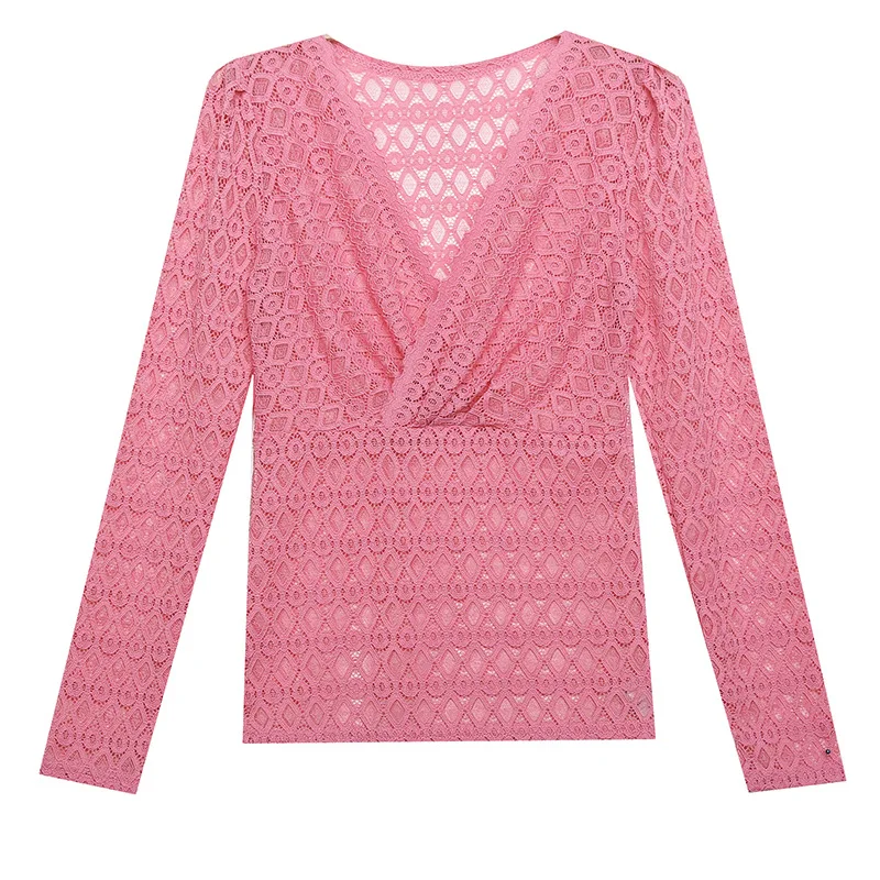 

Cross Border 2020 Autumn and Winter New Style Sexy Hollow out V-neck Long Sleeve restonic shan Female Slimming Base Shirt Wester