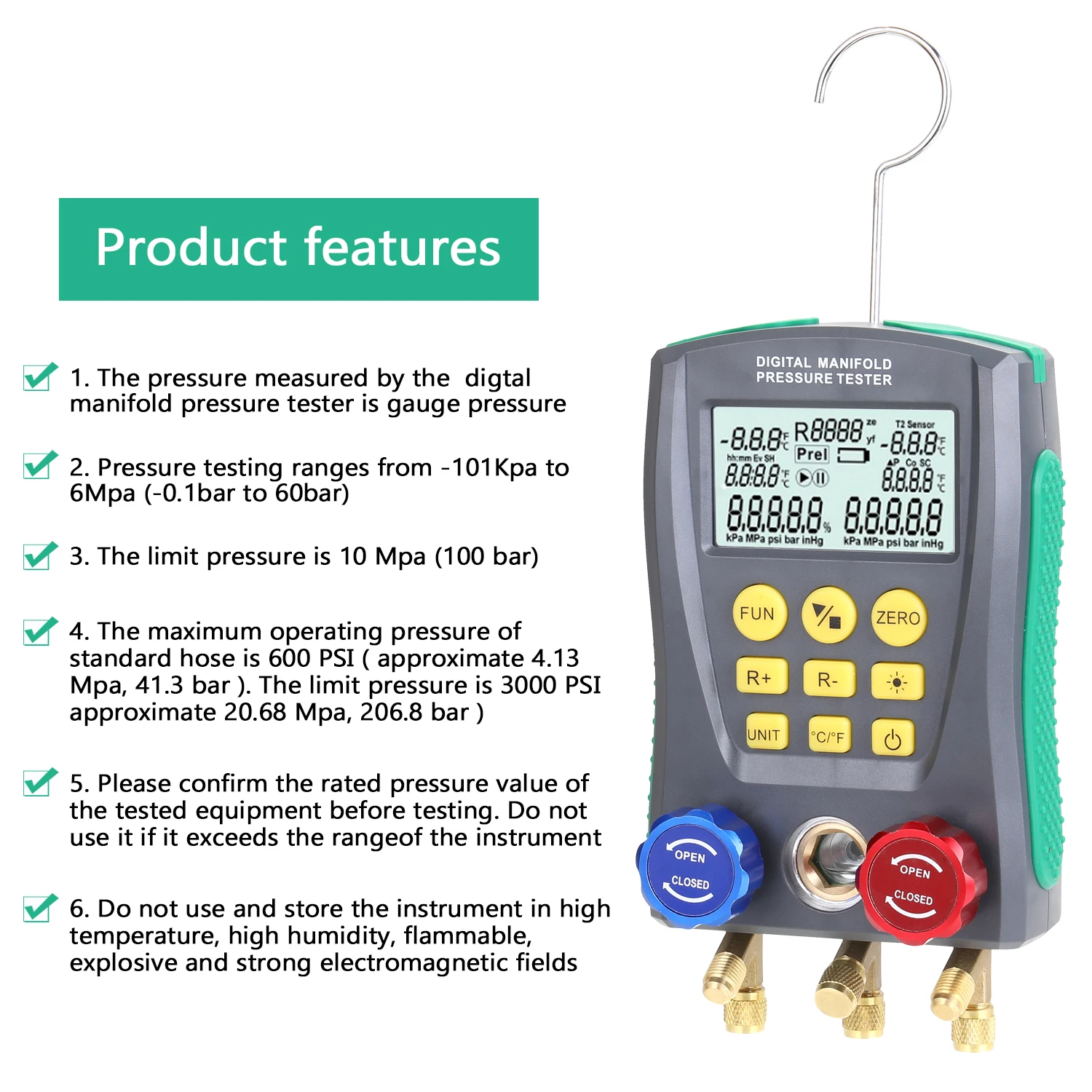 Давление датчик холодильное цифровой вакуумный коллектор тестер Измеритель