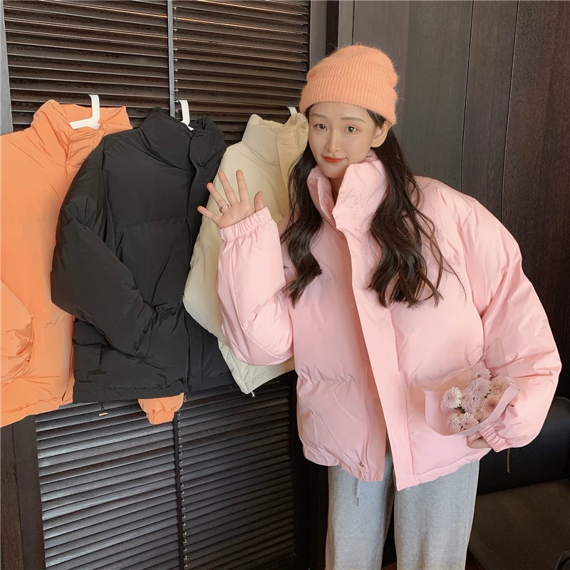 

Женское короткое пальто с хлопковой подкладкой, яркого цвета, зимнее утепленное пальто с воротником-стойкой, оранжевая дутая куртка, 2020