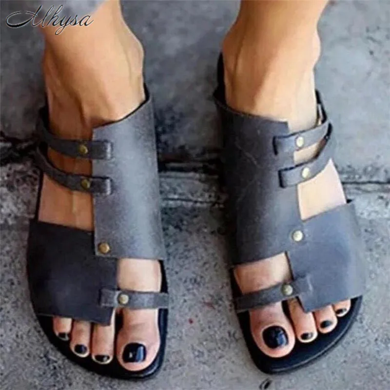

2020 Fashion PU Leather Summer Women Casual Sandals Plus Leisure Beach Shoes Woman Slip-on Flat Heels Sandals Zapatos De Mujer