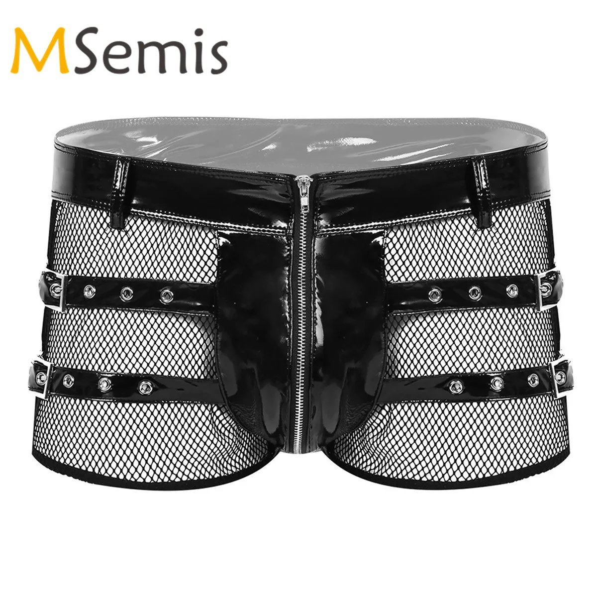 Мужские трусы боксеры из лакированной кожи черные в сетку с разрезом спереди и