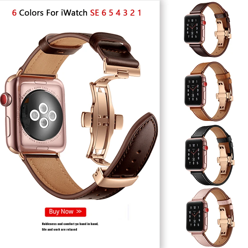 

Butterfly Buckle Leather Strap For Apple Watch 6 Band 44/42/40/38mm Watchband Belt Bracelet for iWatch Bands Series 6 SE 5 4 3 2