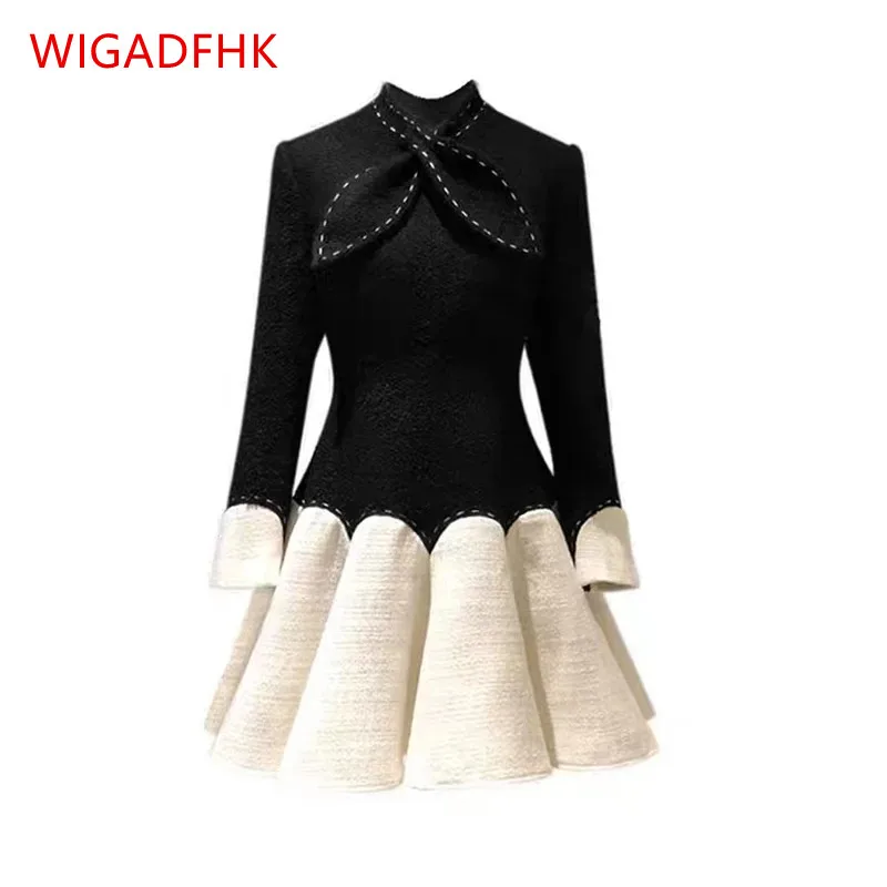 

Осень 2021, новое дизайнерское темпераментное платье, черно-белое бальное платье с бантом, винтажное черное шерстяное платье на весну/осень