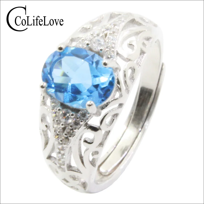 

Vintage Silver Ring Brand New Natural Blue Topaz Ring Real 925 Solid Sterling Silver Gem Jewelry for Woman Fashion Wedding Ring