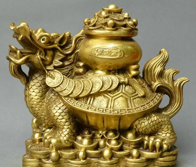 

Chinese fengshui old bronze dragon turtle money fortunes treasure bowl statue