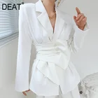 Женская приталенная офисная куртка DEAT, белая куртка с отложным воротником, длинным рукавом и поясом, верхняя одежда, весна 2022