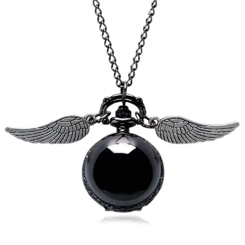 black with wings Ретро стимпанк Гладкий снитч шарообразные кварцевые карманные часы модный свитер Крылья Ангела ожерелье цепь Подарки для мужчин женщин детей - Цвет: black with wings