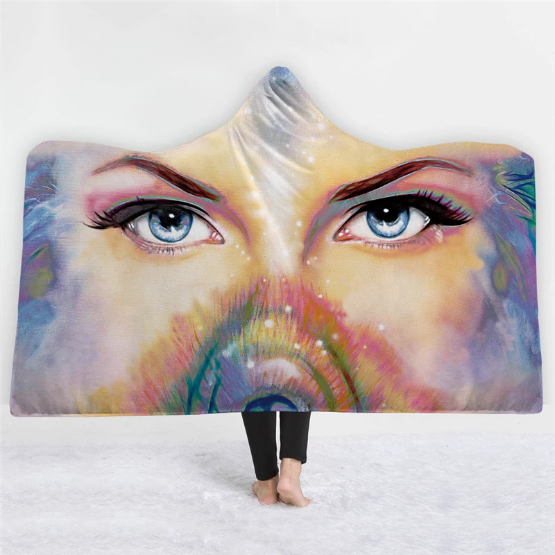 Одеяло из мягкого бархата с капюшоном и рисунком глаз аниме теплое домашнее