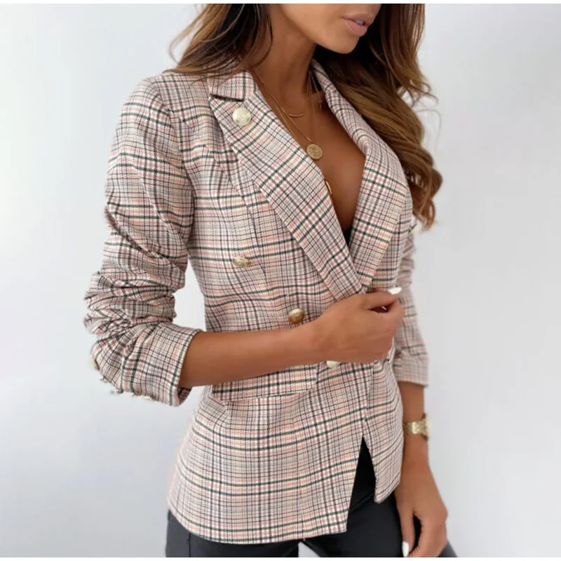 Women's Autumn Check Double-Breasted Blazer - Elegant Slim Fit Casual Suit Jacket for Office Fashion image 5