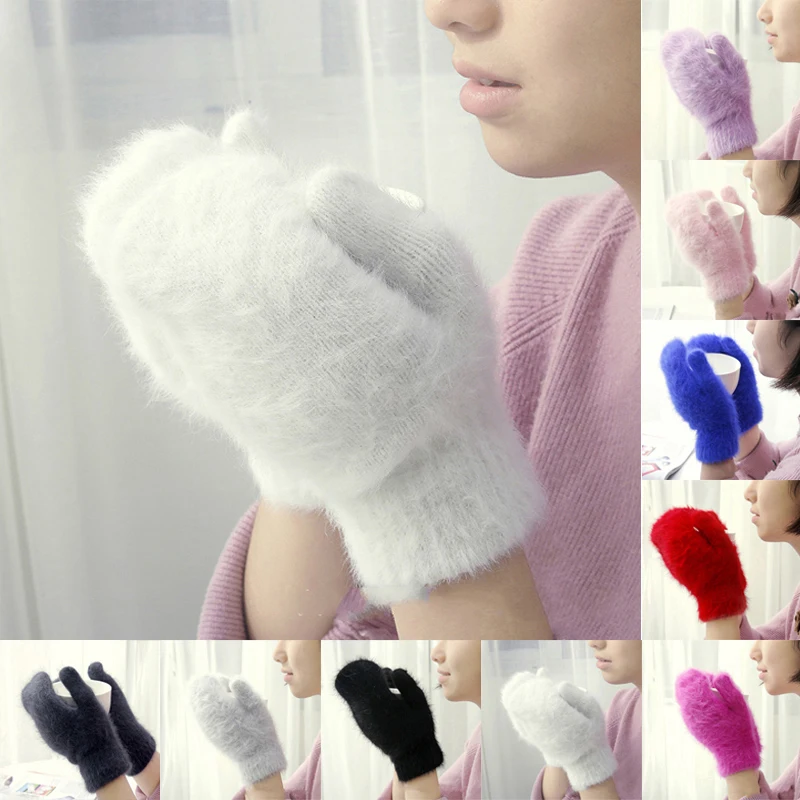 

10colors 1 Pair Women's Winter Gloves Rabbit Wool, Factory Fluffy Gloves For Women Fingerless Gloves Winter Gloves For Girls