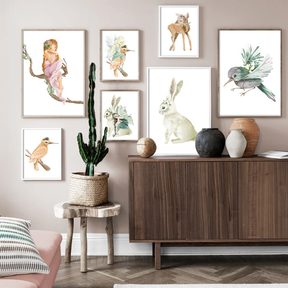 Beauty Girl Flower Wing Bird Tree Rabbit Deer Wall Art Canvas Painting Nordic Posters And Prints Pictures Kids Room Decor | Дом и сад