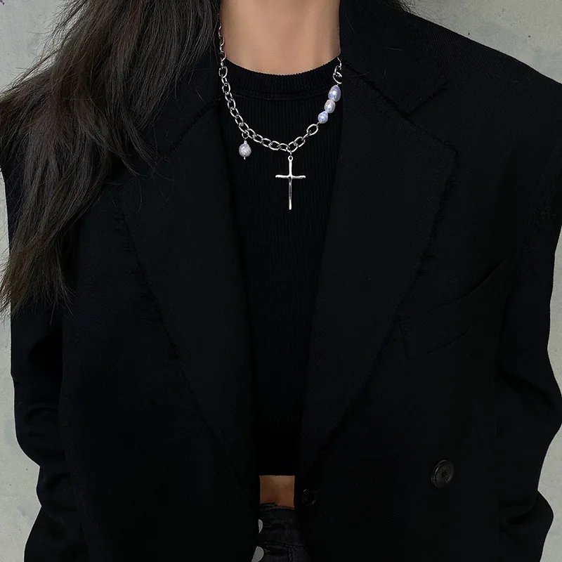 European Fashion Pearl Chain Splicing Necklace Female Alloy Real Gold Plating Jewelry Hip Hop Cross Heart Pendant | Украшения и