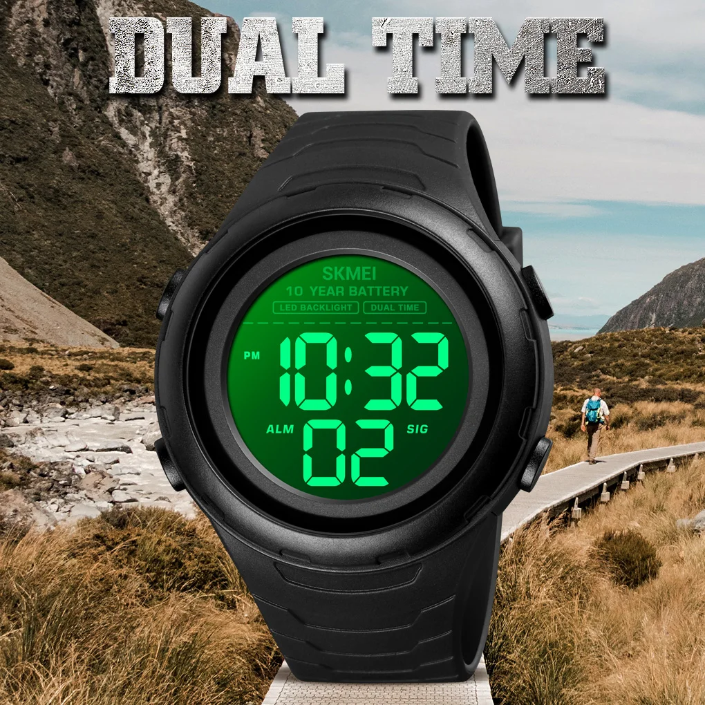 

SKMEI Brand Men Digital Watch Fashion 10 Year Battery Led Light Men's Stopwatch Vintage PU Strap Waterproof Sport Watches Male