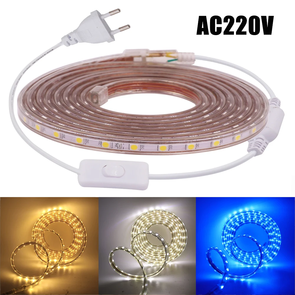 

220 В 5050 Светодиодная лента 60 светодиодов/м с вилкой европейского стандарта и переключателем наружная Гибкая светодиодная Водонепроницаема...