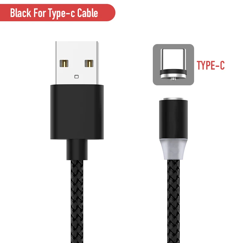 1 м 2 м 2.4A Магнитный USB кабель Micro usb type C кабель со светодиодной подсветкой Магнит USB лента C Шнур для iPhone samsung Xiaomi Кабель зарядного устройства - Цвет: Black For Type C