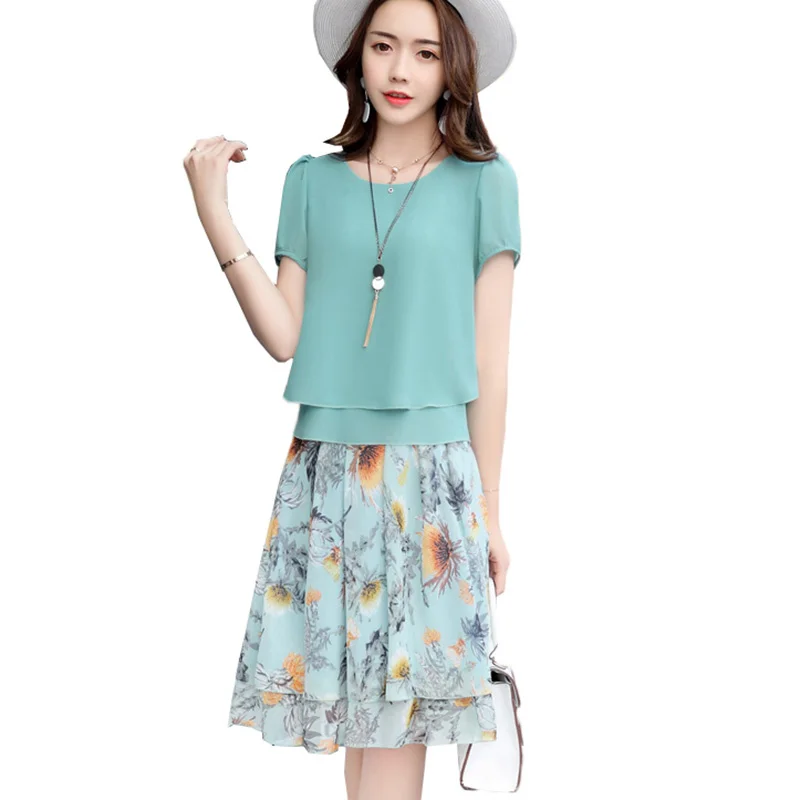 

Two Piece Set Women Skirt Set New Short Sleeve Tops+Printed Skirt Chiffon Summer Set Elegant Plus Size Womens Clothing 197