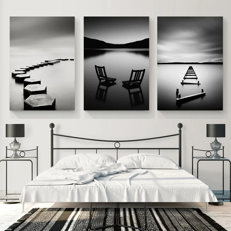 

Black And White World Poster Endless Lake Rode Picture Canvas Painting For Living Room Home Wall Art Aisle Modern Decor