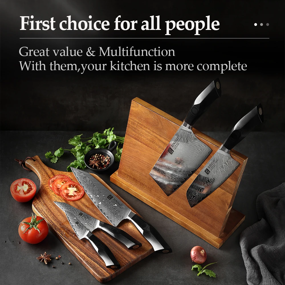 

XINZUO 6PCS Kitchen Knives Set Natural Acacia Wood Magnetic Knife Holder VG10 Damascus Best Sharp Cutting Meat Cooking Knife Set