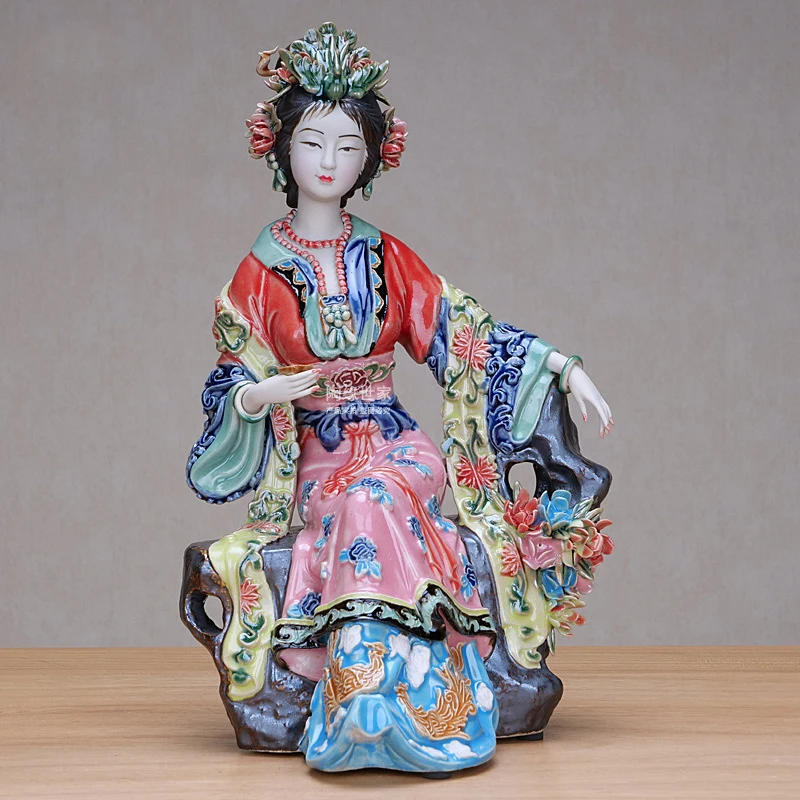 

Shiwan Chinese Ceramic Lady Figurine Handmade Art Collectibles Pottery Asian Beauty Statue Glazed Clay Oriental Woman Sculpture