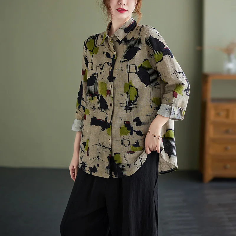 

Повседневная рубашка в стиле Харадзюку для мам среднего возраста, минималистичные хлопковые льняные блузки, женские свободные топы с винта...