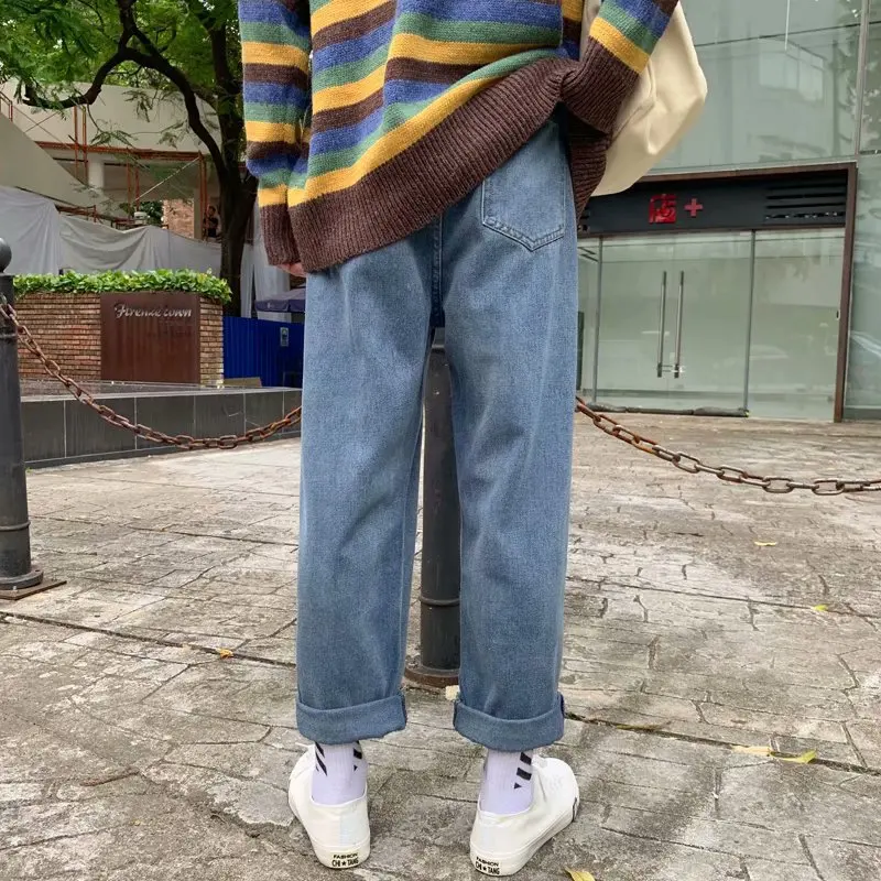 

2019 Autumn Summer New Jeans Men Blue Loose Cuffs Straight Denim Trousers Fashion Hip Hop Ankle Length Jeans Plus Size