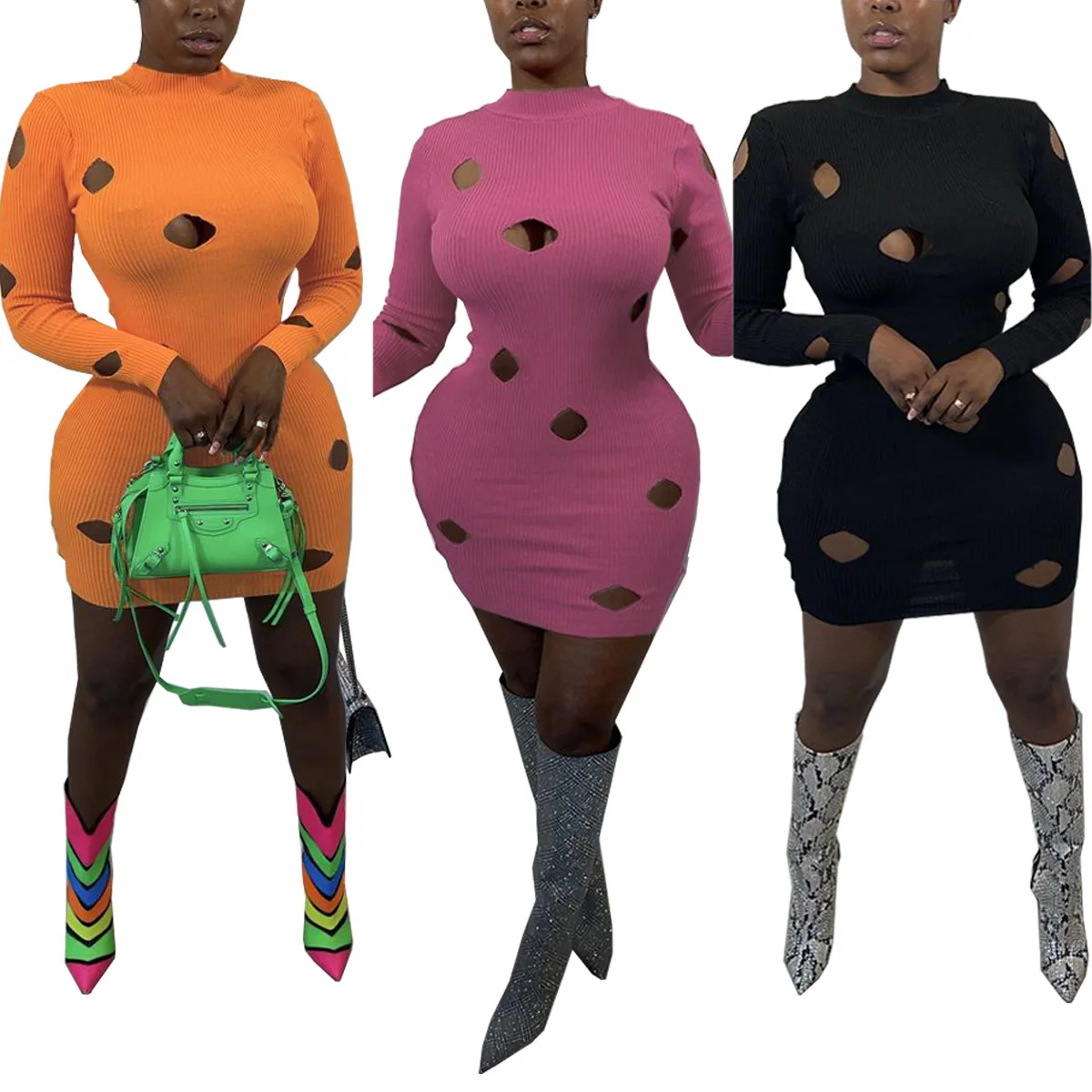 

Donsignet Women Dress Fashion Sexy Solid Color Long Sleeve Pullover Hole Hollow Out Package Hip Dresses Woman Vestido Fenminino