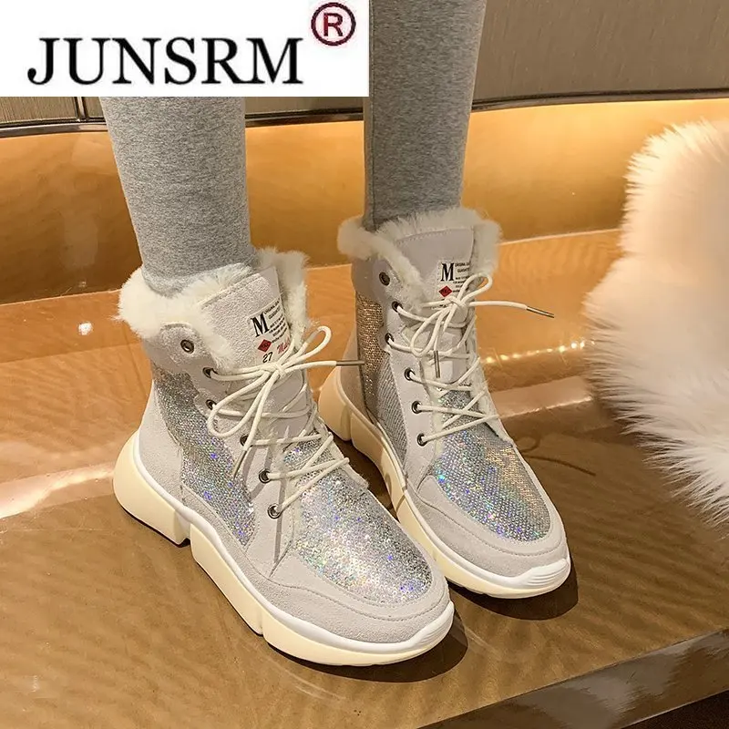 

Women Cotton Boots 2022 New Fashion Winter Plus Velvet All-match Student Thick-soled Thickened Warm Snow Women's Lacing Boots