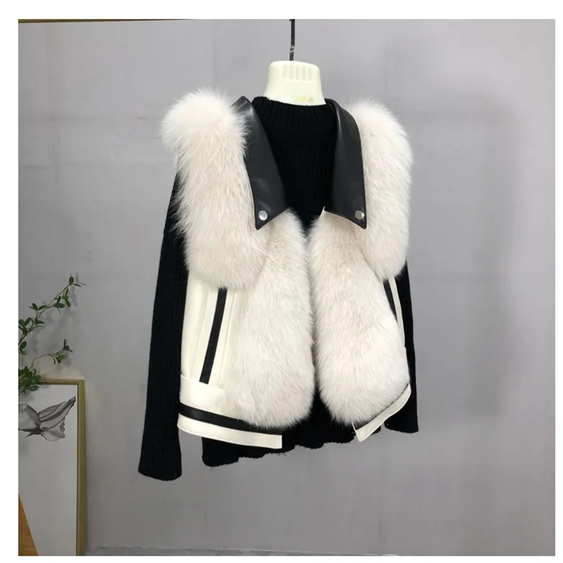 FURSARCAR New Real Natrual Fox Fur Vest Genuine Leather Short Sleeveless Fur Waistcoat Women Winter  Sheep Skin Fox Fur Gilet