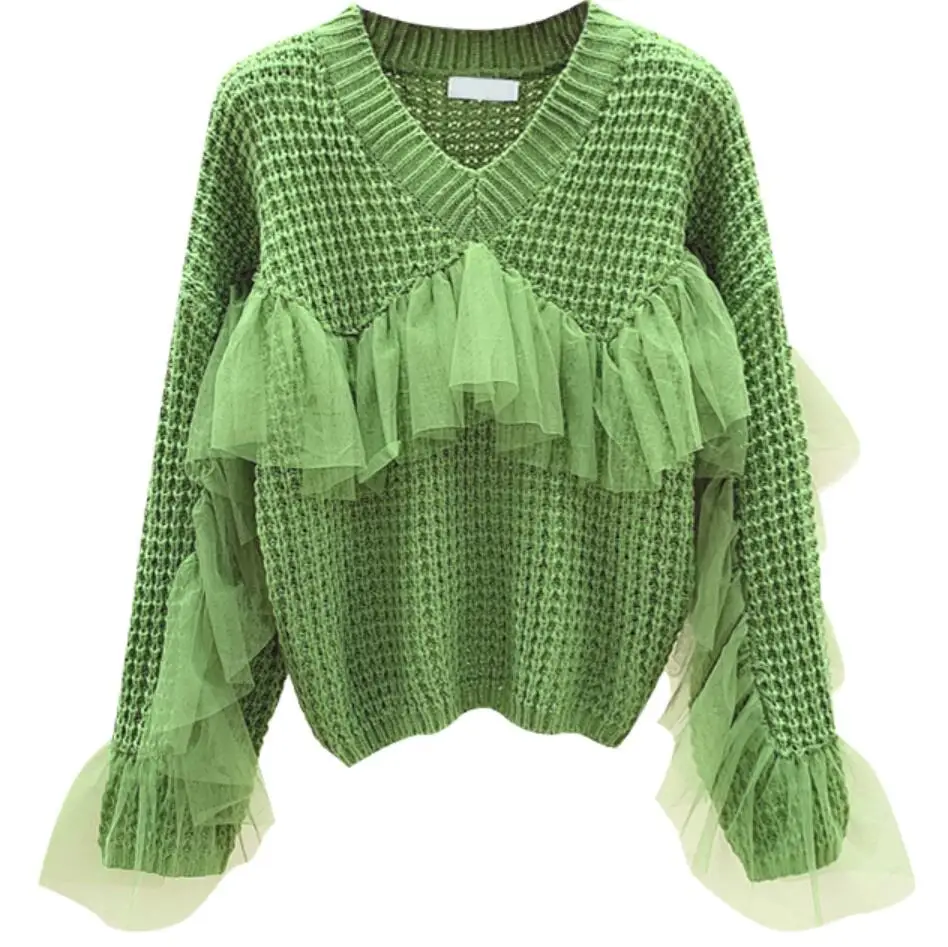 

2020 spring autumn new fashion mesh stitching loose sweater women v-neck knitted pullovers