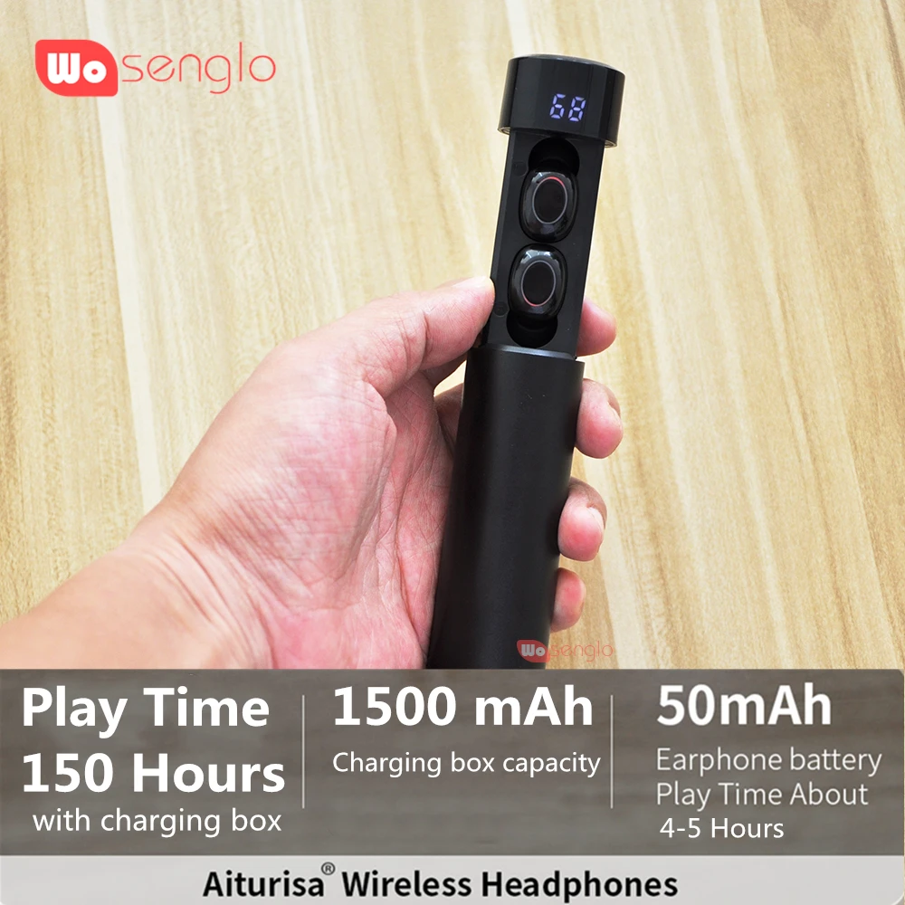 Wosenglo Bluetooth 5,0 наушники HIFI Звук Беспроводные наушники с цифровым дисплеем 1000 мАч зарядная коробка Powerbank для iPhone 7 8
