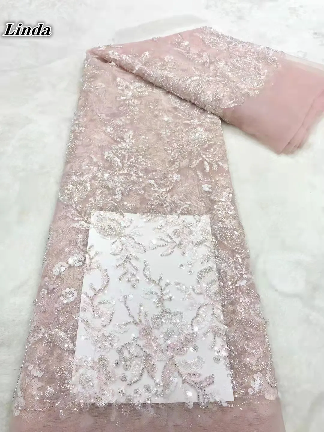 

Linda Pink African Sequins Tulle Mesh Lace Fabric 2021 High Quality Beads Lace Nigerian Net Lace Fabrics For Women Party Wedding