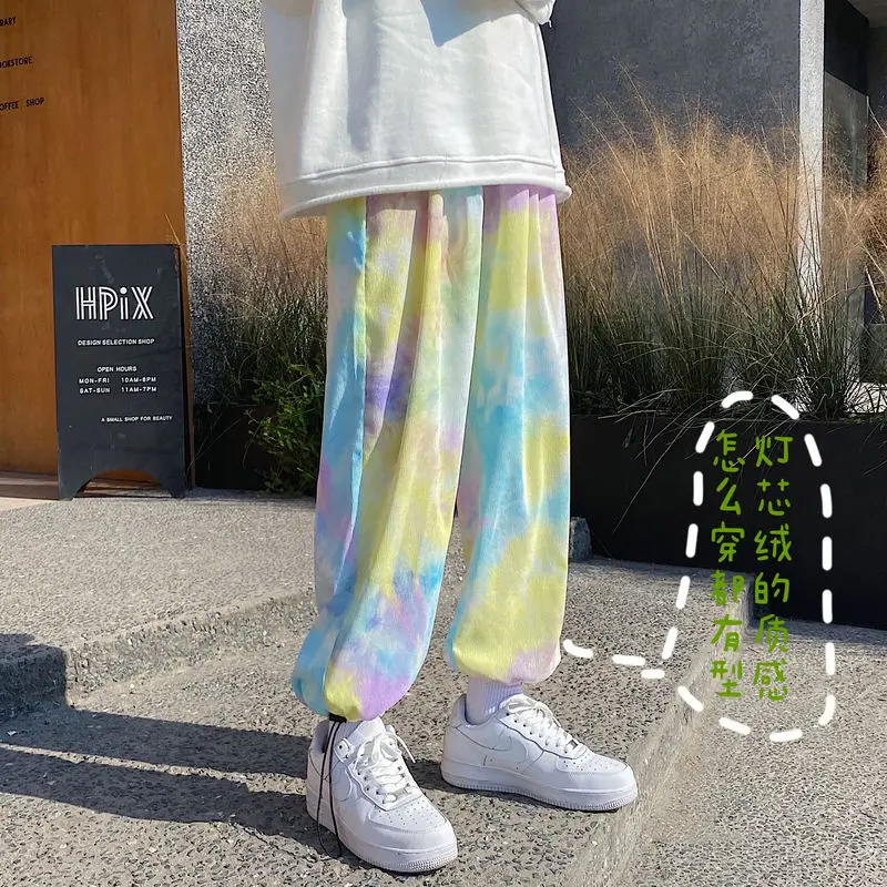 

Corduroy Casual Pants Men's Korean Fashion Loose Tie-dye Straight-leg Pants Men Streetwear Hip-hop Drawstring Wide-leg Pants Men