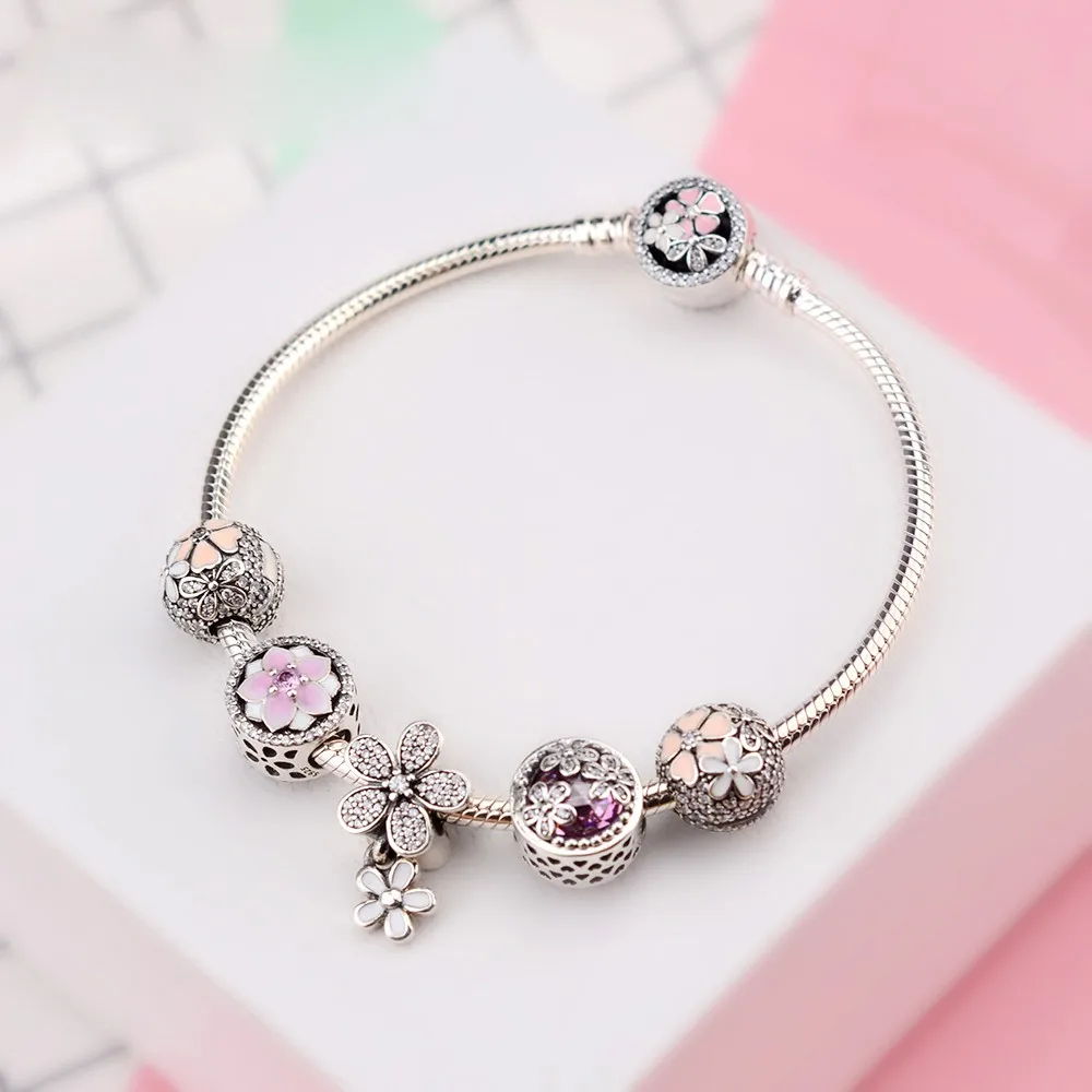 

100% 925 Sterling Silverpan Bracelet Set For Europe Women Spring Flowers birthday Gift DIY Original Charm Jewelry