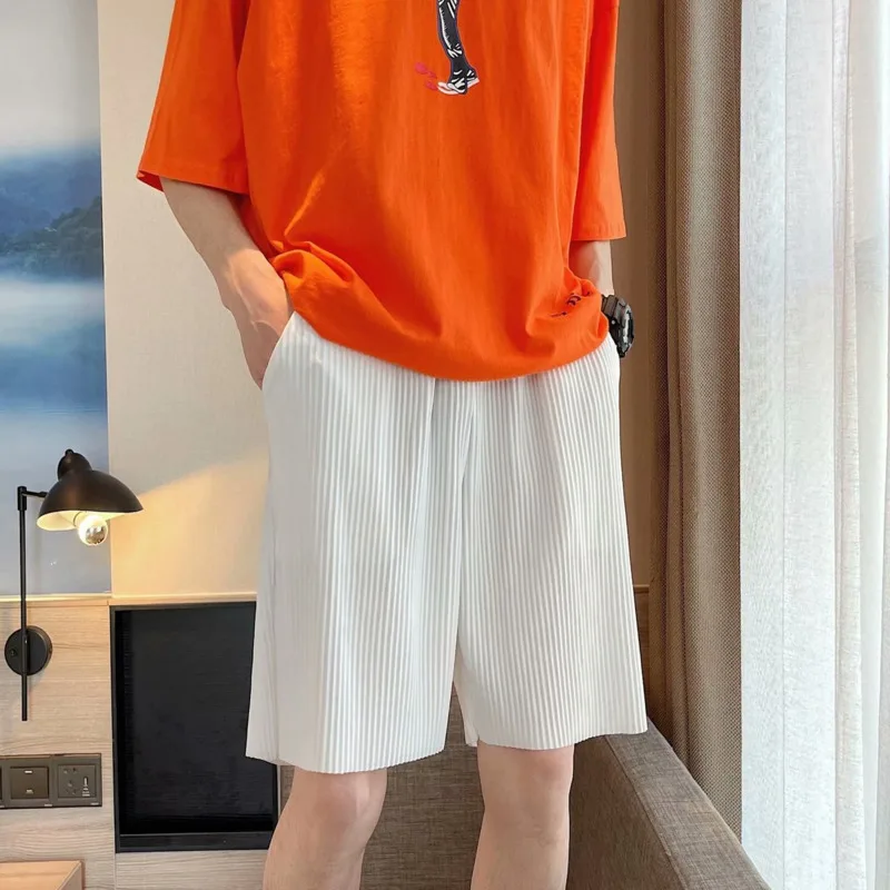 

Мужские модные летние шорты, однотонные повседневные плиссированные шорты, Мужская Уличная одежда, дикие свободные прямые пятиконечные бр...