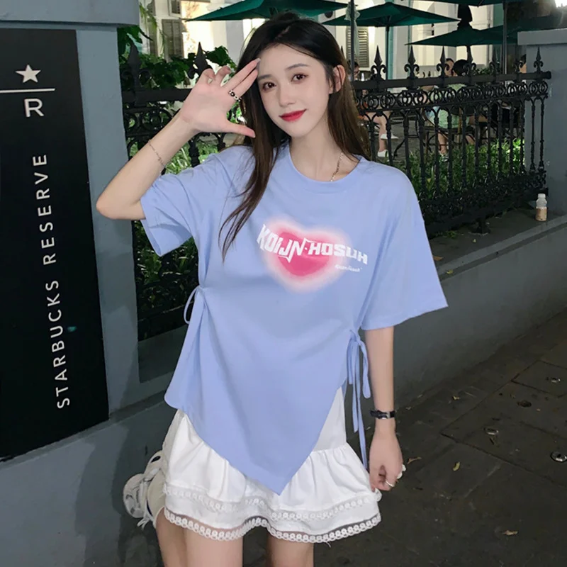 Женская Асимметричная футболка с разрезом и коротким рукавом Новинка лета 2021