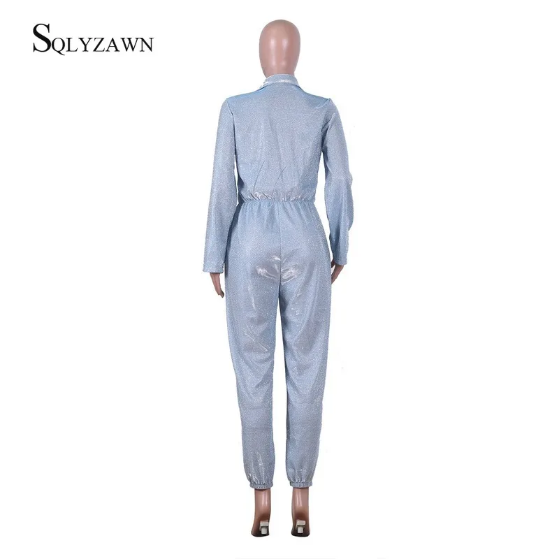 Fashion Sequin Glitter Blue Long Sleeve Cargo Pants Jumpsuit Women Streetwear Fall Romper Casual Loose Overall Plus Size 2XL |