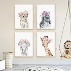 Картина для детской, с цветами, животными, львом, зеброй, слоном, жирафом