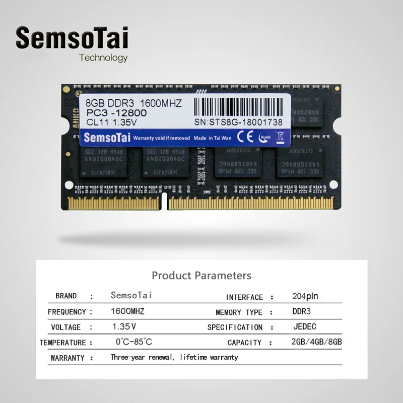 Оперативная память SemsoTai ddr3 4 Гб 1600 МГц флюоресцентная CL = 11 1 35 в 204Pin 0 ~ 85 градусов